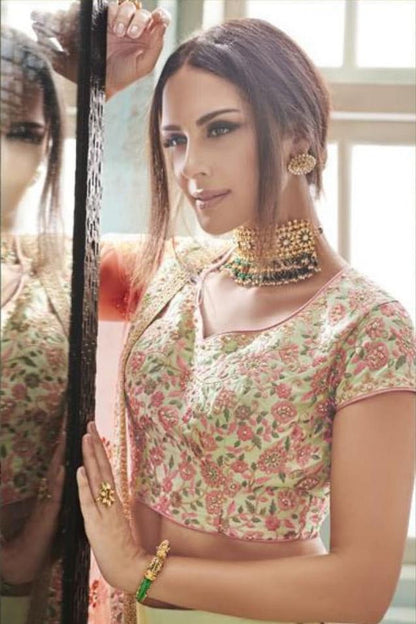 Pista and Peach colored Silk Party Wear Lehenga Set