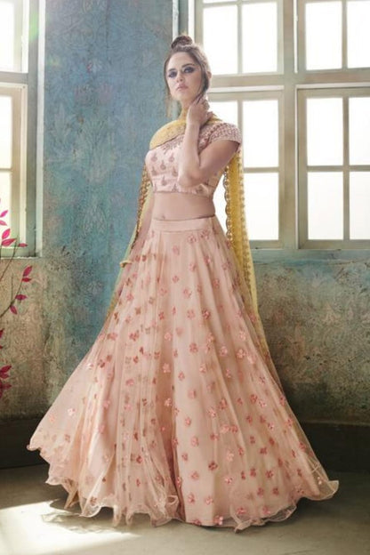 Peach and Light Olive colored Party Wear Lehenga Set