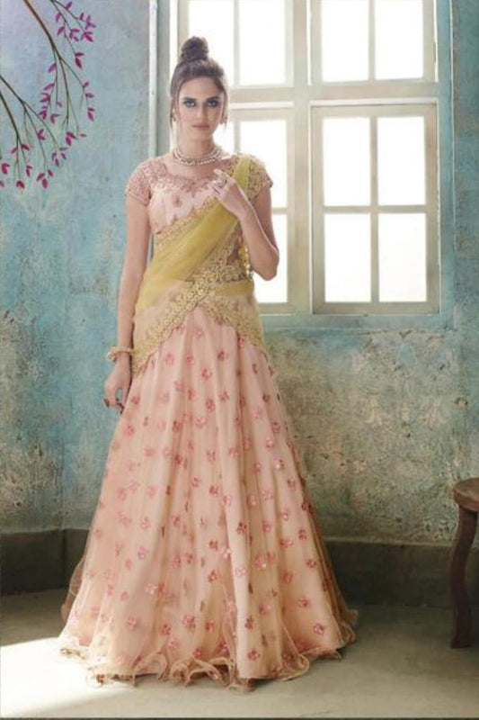 Peach and Light Olive colored Party Wear Lehenga Set