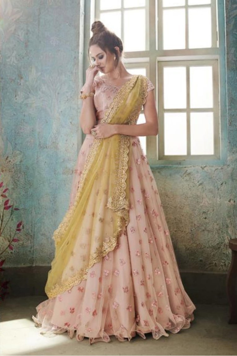 Peach and Light Olive colored Party Wear Lehenga Set