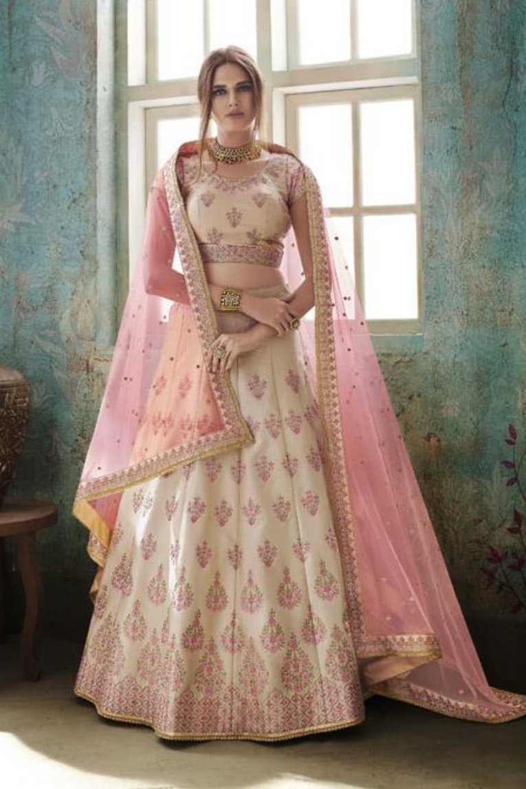 Tussar and Peach colored Party Wear Lehenga Set