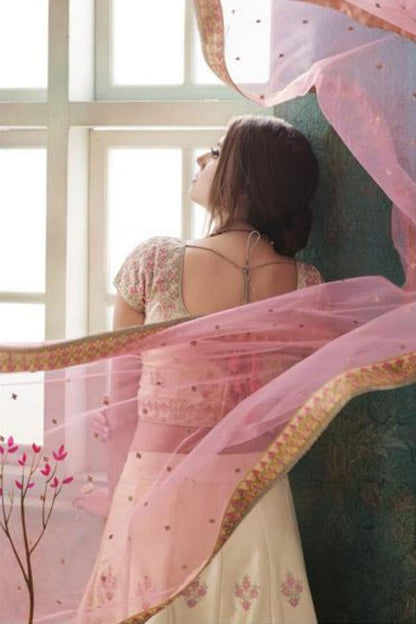 Tussar and Peach colored Party Wear Lehenga Set