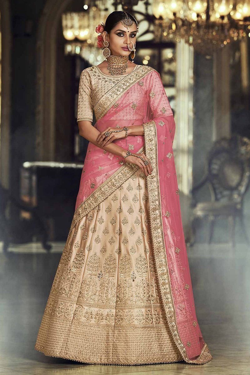 Chickoo Satin Party Wear Lehenga Choli
