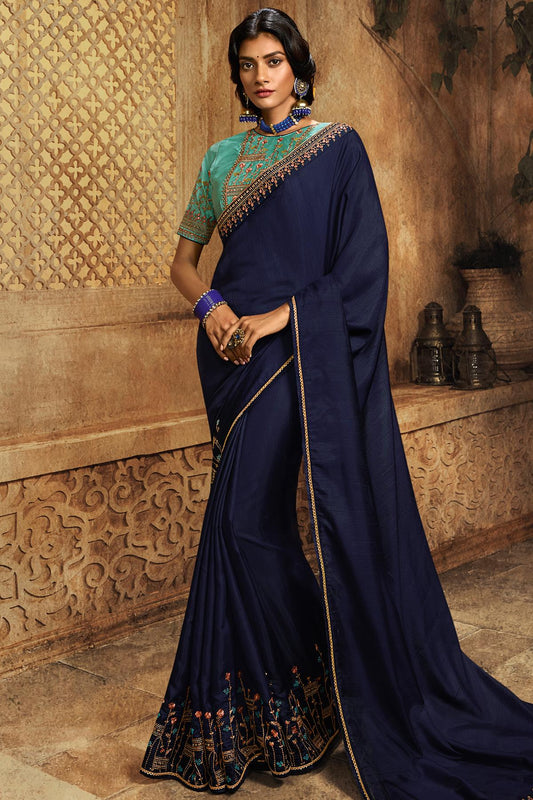 Navy Blue And Blue Designer Silk Sari
