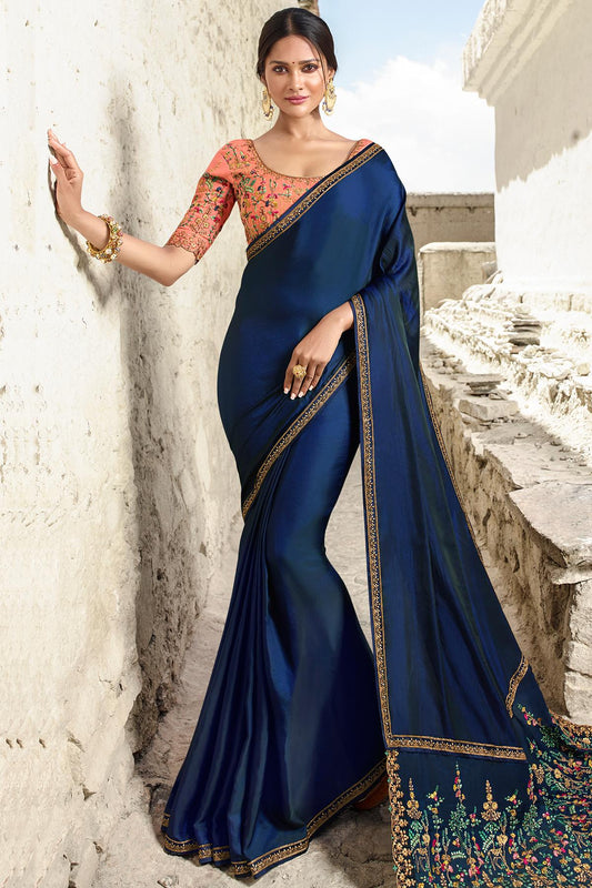 Navy Blue And Peach Designer Silk Sari