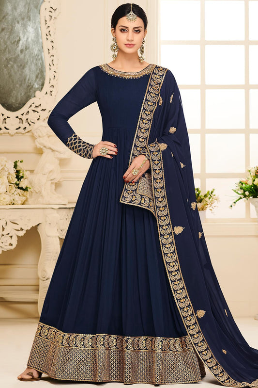 Navy Blue Designer Embroidered Silk Anarkali Suit