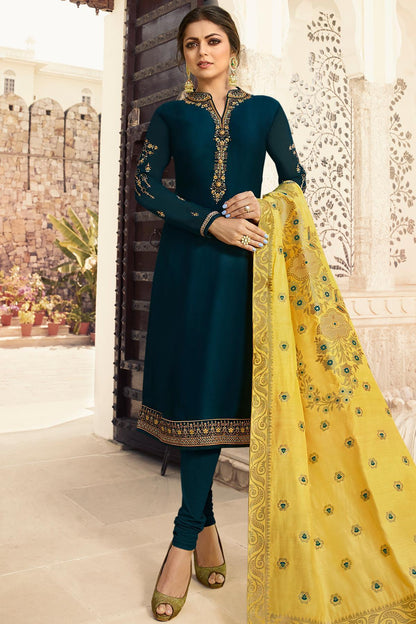 Navy Blue Designer Embroidered Straight Suit