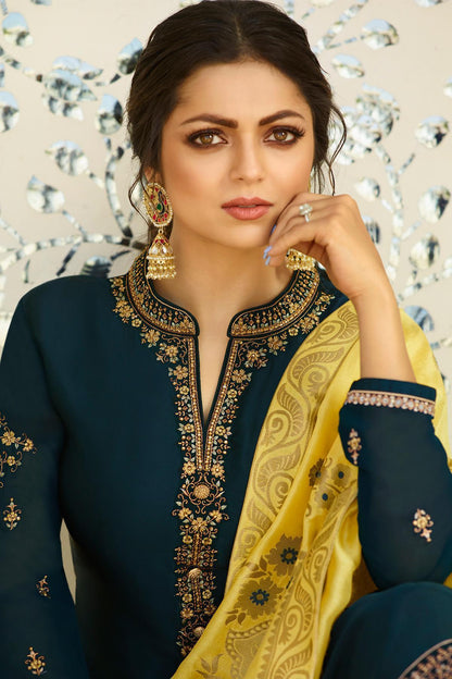Navy Blue Designer Embroidered Straight Suit