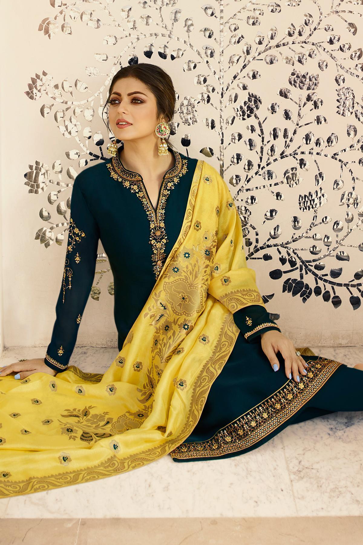 Navy Blue Designer Embroidered Straight Suit