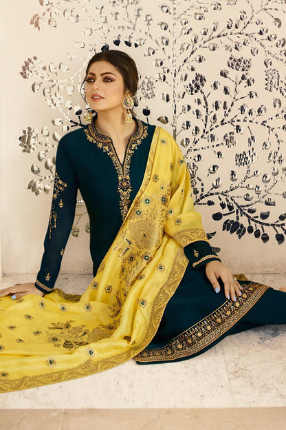 Navy Blue Designer Embroidered Straight Suit