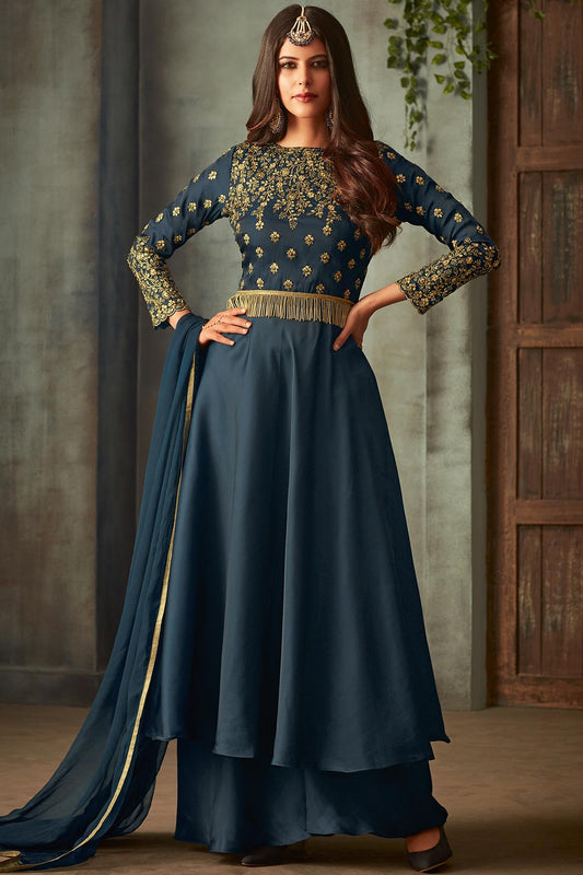 Navy Blue Designer Silk Palazzo Suit
