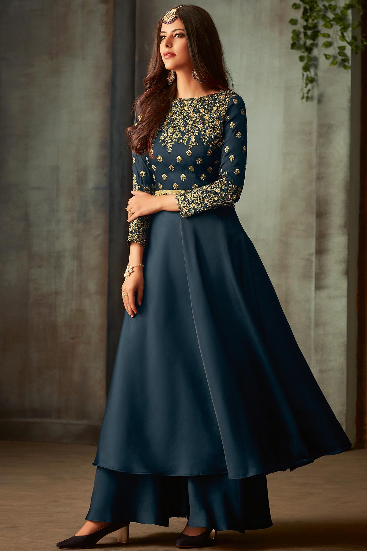 Navy Blue Designer Silk Palazzo Suit