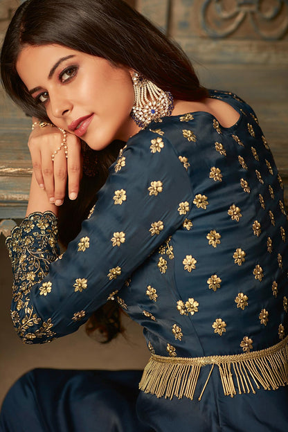 Navy Blue Designer Silk Palazzo Suit