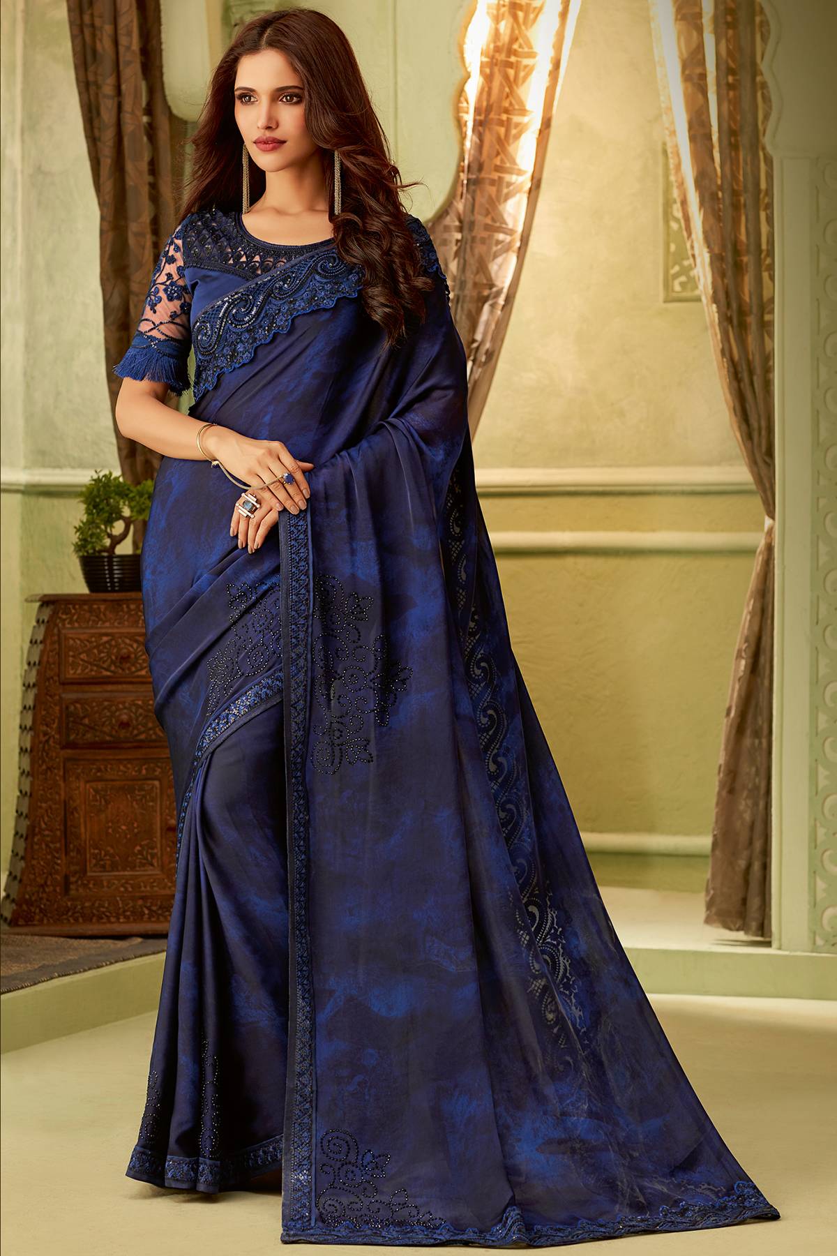 Navy Blue Designer Silk Sari