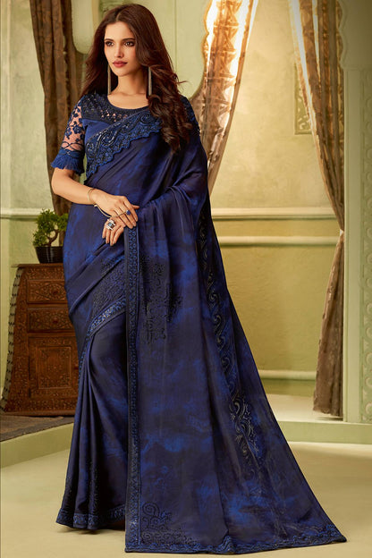 Navy Blue Designer Silk Sari