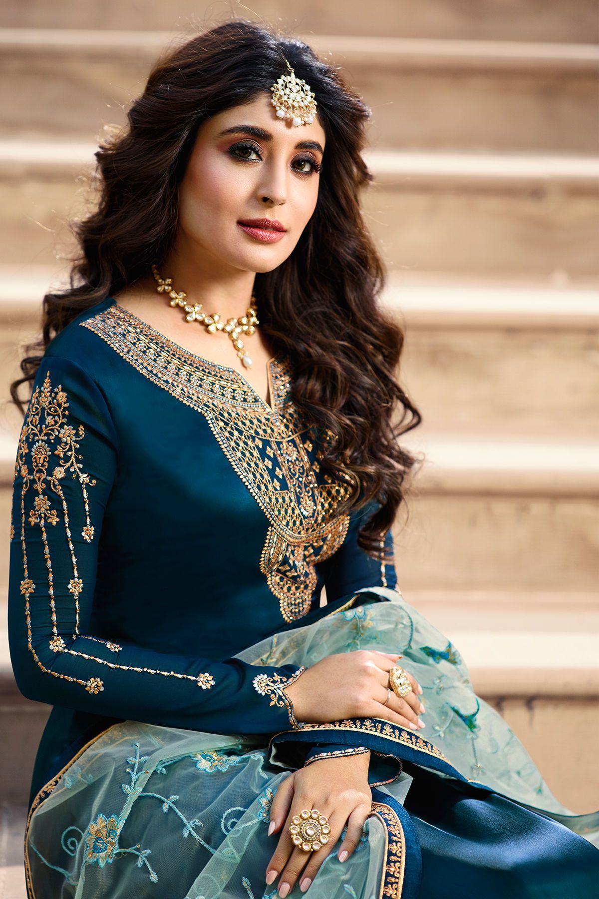 Navy Blue Georgette Casual Straight Suit