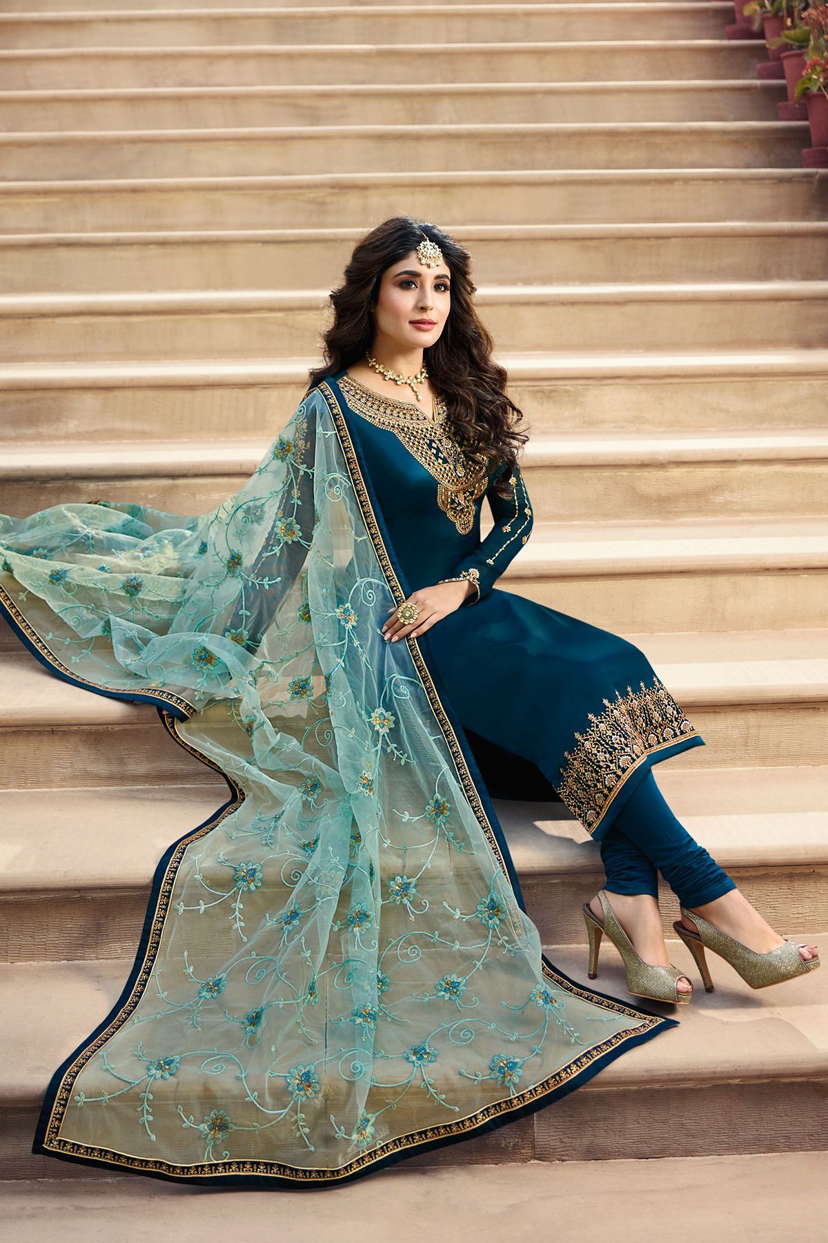 Navy Blue Georgette Casual Straight Suit