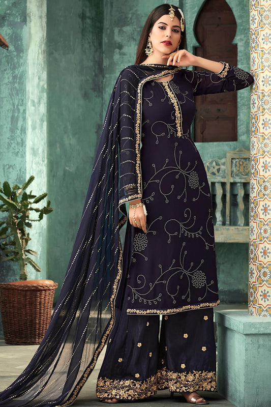Navy Blue Georgette Palazzo Suit