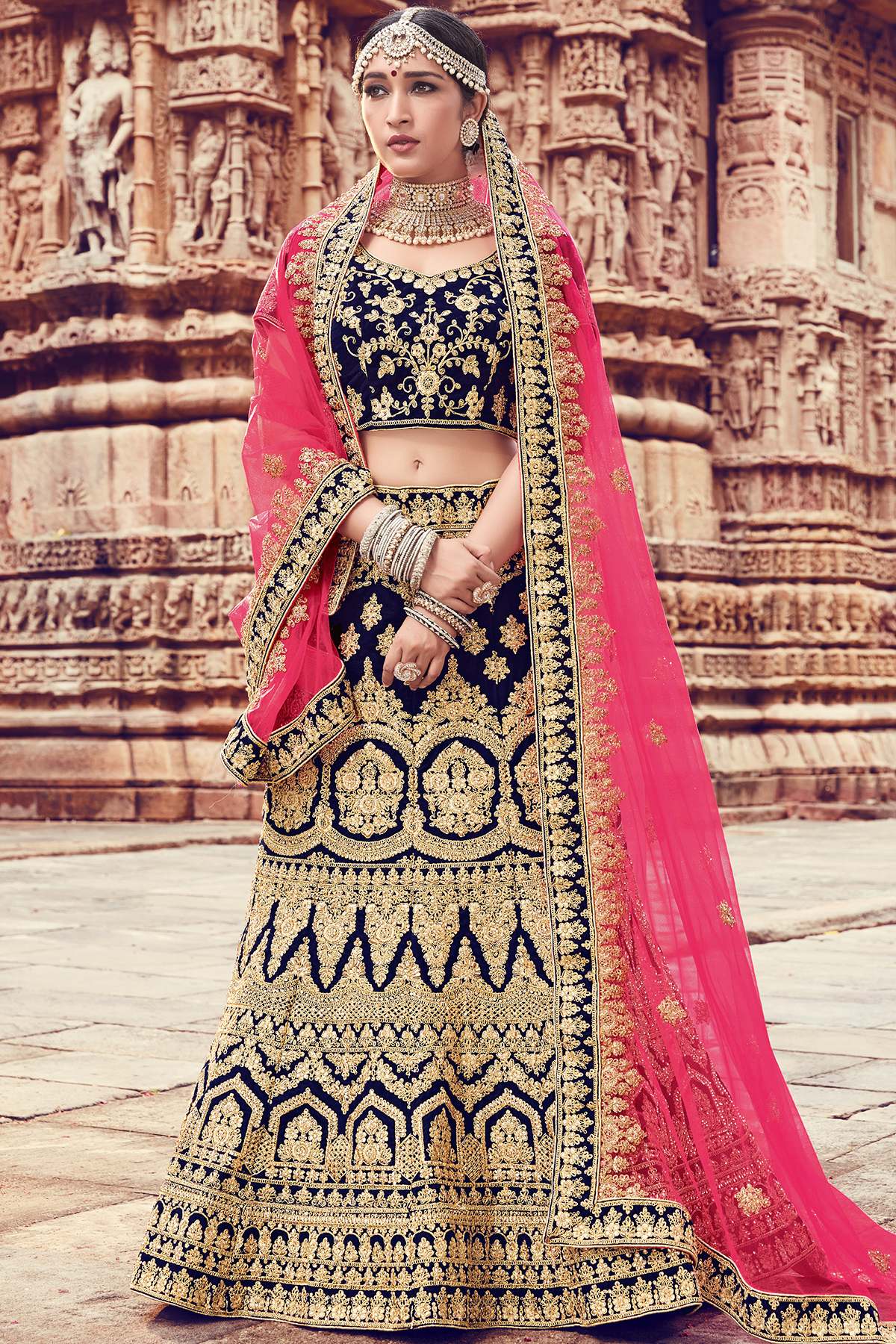Navy Blue Velvet Bridal Lehenga Choli