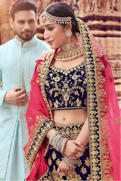Navy Blue Velvet Bridal Lehenga Choli