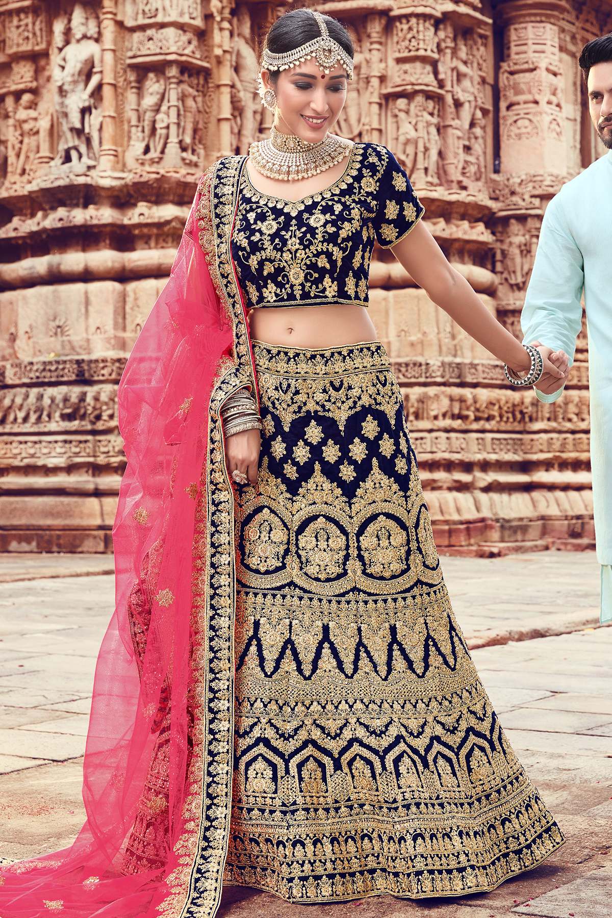 Navy Blue Velvet Bridal Lehenga Choli