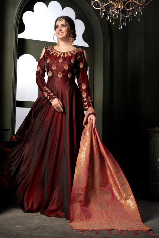 Eclipse-Brown heavy tapeta Silk Gown with Pink Banarsi duppatta