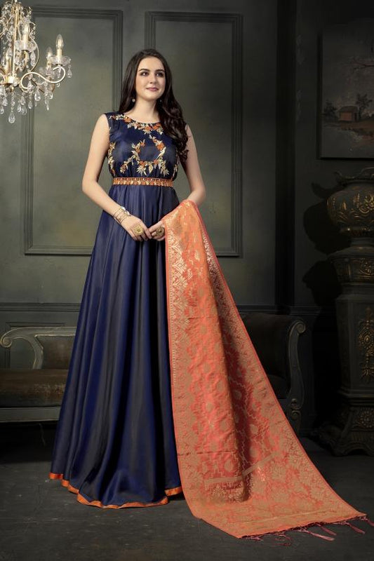 Navy-Blue heavy tapeta Silk Gown with Peach Banarsi duppatta