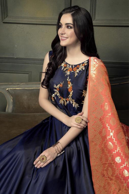 Navy-Blue heavy tapeta Silk Gown with Peach Banarsi duppatta