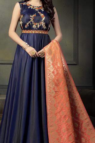 Navy-Blue heavy tapeta Silk Gown with Peach Banarsi duppatta