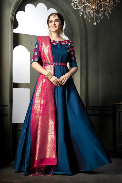 Ocean-Blue heavy tapeta Silk Gown with Voilet-Red Banarsi duppatta