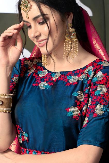 Ocean-Blue heavy tapeta Silk Gown with Voilet-Red Banarsi duppatta