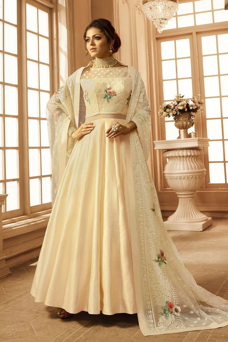 Cream Embroidered Party Wear Anarkali Suit