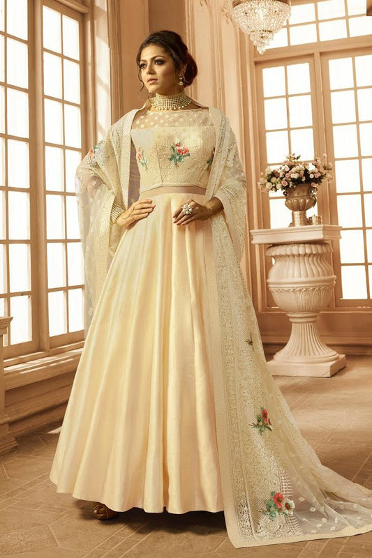 Cream Embroidered Party Wear Anarkali Suit