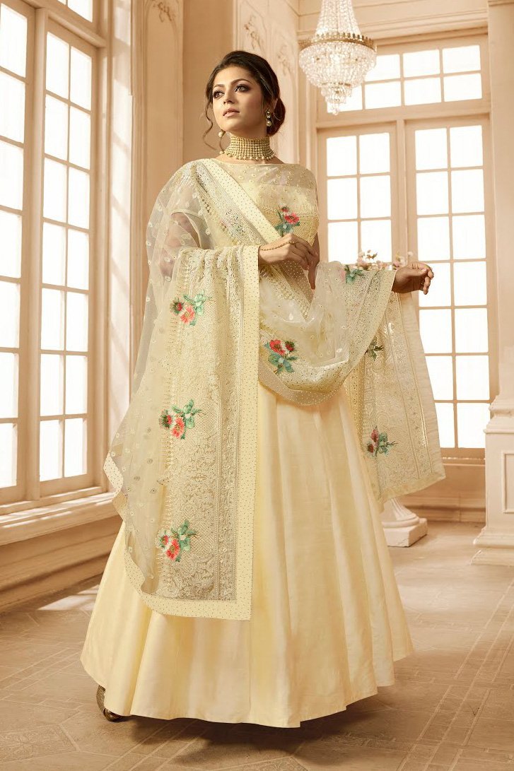 Cream Embroidered Party Wear Anarkali Suit