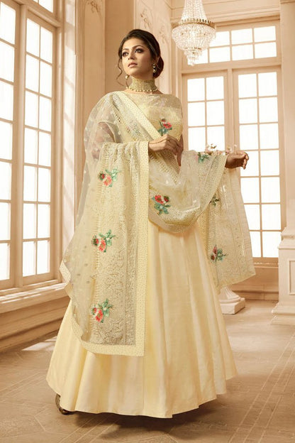 Cream Embroidered Party Wear Anarkali Suit