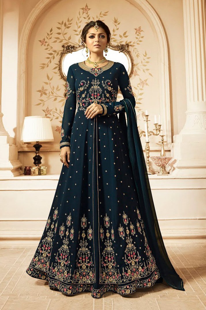 Dark Blue Embroidered Party Wear Anarkali Suit