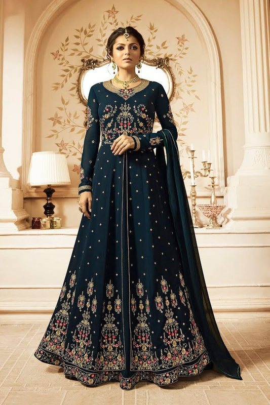 Dark Blue Embroidered Party Wear Anarkali Suit