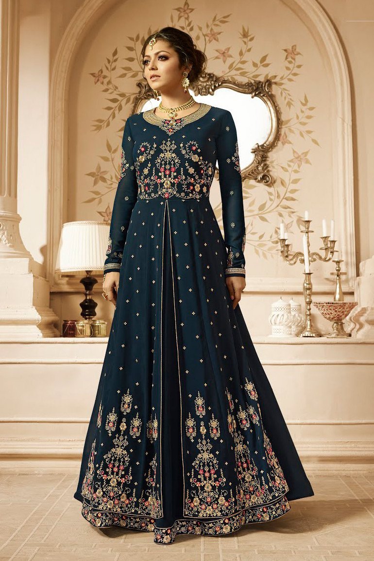Dark Blue Embroidered Party Wear Anarkali Suit