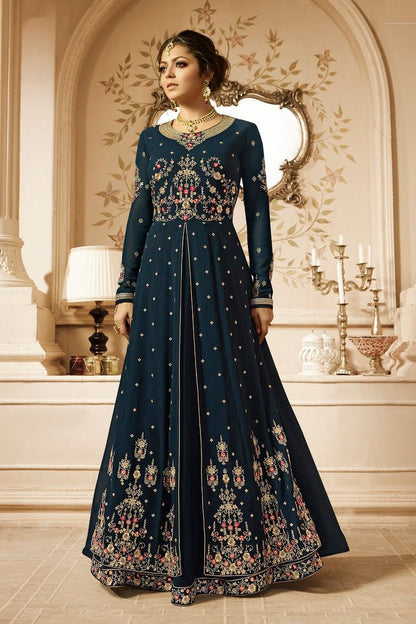 Dark Blue Embroidered Party Wear Anarkali Suit