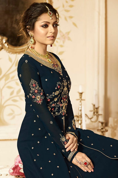Dark Blue Embroidered Party Wear Anarkali Suit
