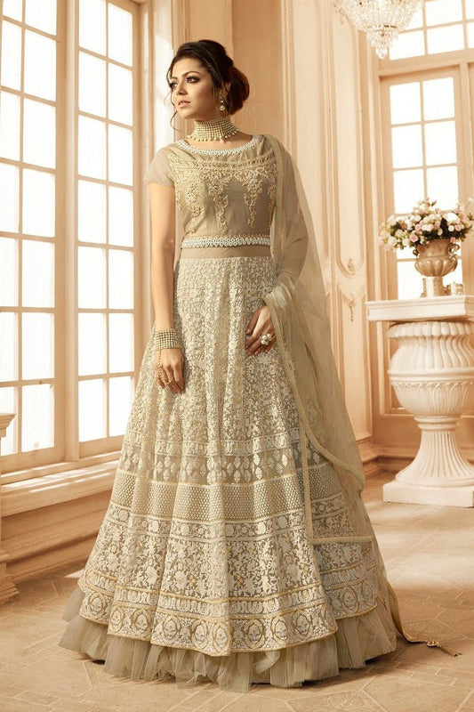 Beige Embroidered Party Wear Anarkali Suit