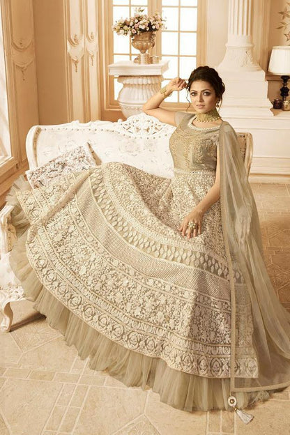 Beige Embroidered Party Wear Anarkali Suit