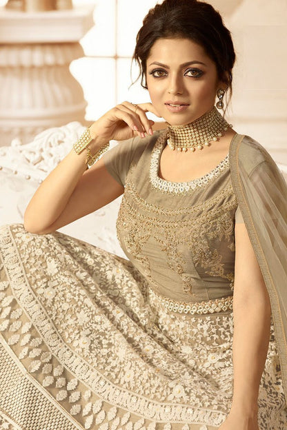 Beige Embroidered Party Wear Anarkali Suit