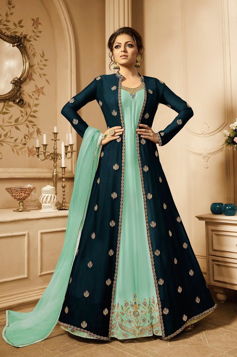 Turquoise And Sea Blue Embroidered Jacket Anarkali Suit