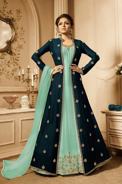 Turquoise And Sea Blue Embroidered Jacket Anarkali Suit