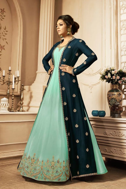 Turquoise And Sea Blue Embroidered Jacket Anarkali Suit