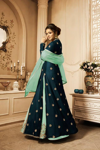 Turquoise And Sea Blue Embroidered Jacket Anarkali Suit
