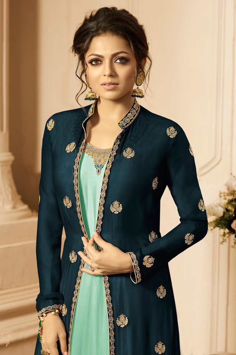 Turquoise And Sea Blue Embroidered Jacket Anarkali Suit