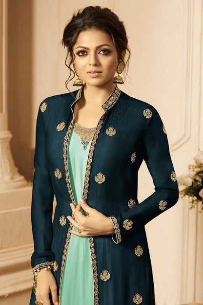 Turquoise And Sea Blue Embroidered Jacket Anarkali Suit