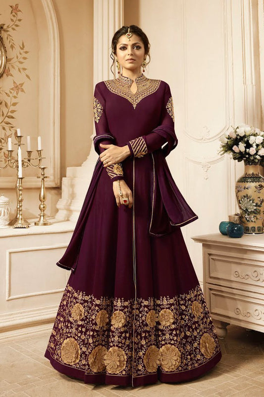 Plum with Gold Ghera Embroidered Anarkali Suit